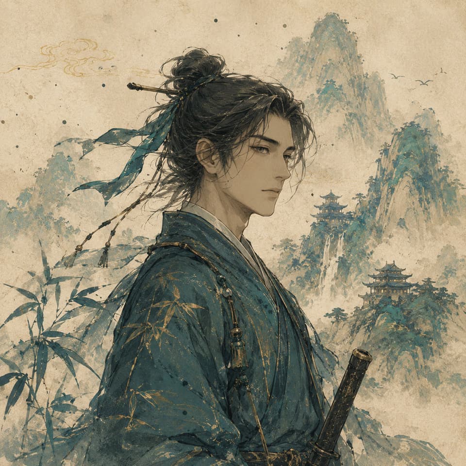 青绿山水画风格的持剑青年肖像
