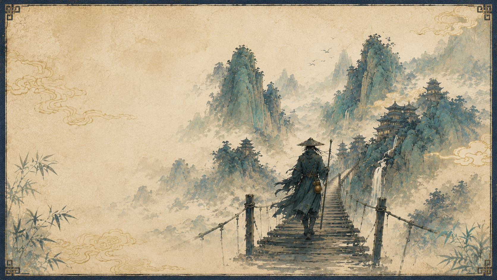 斗笠旅人沿悬桥走向云中群山