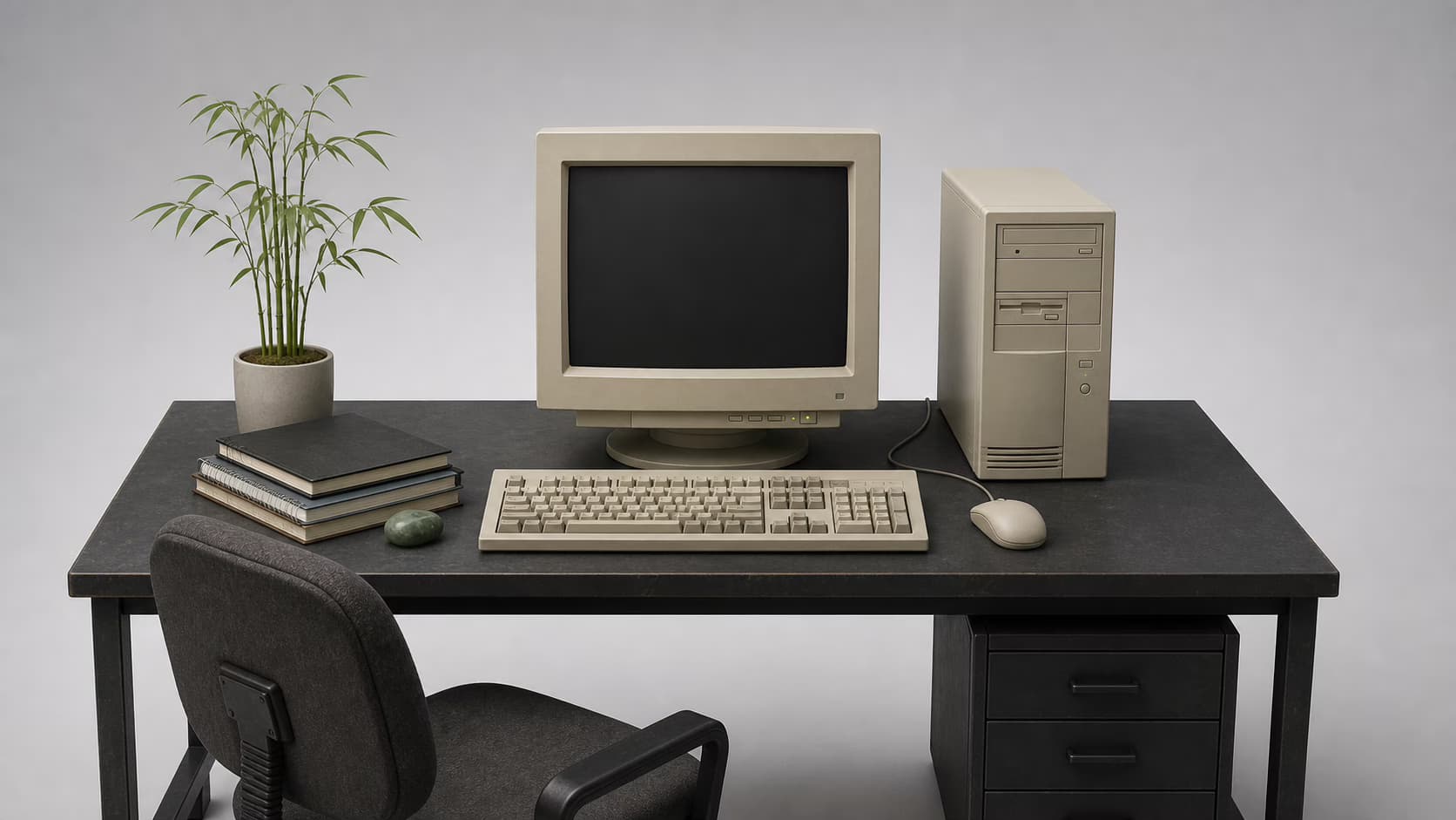 一张摆有 CRT 电脑、竹子、技术笔记和玉石的复古工作台