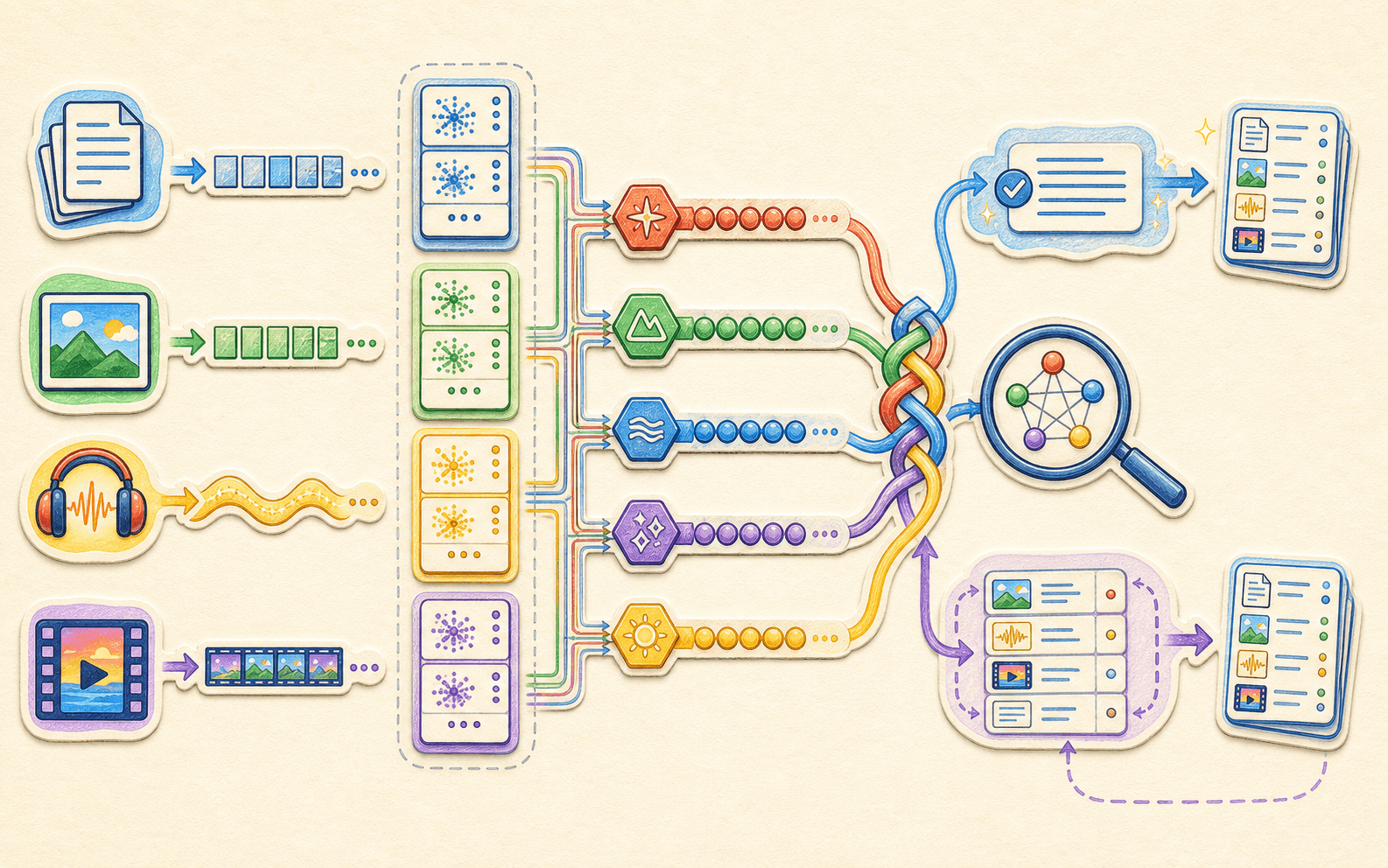 Knowledge-base portraits, five retrieval routes, fusion, reranking, and direct or bounded answer paths
