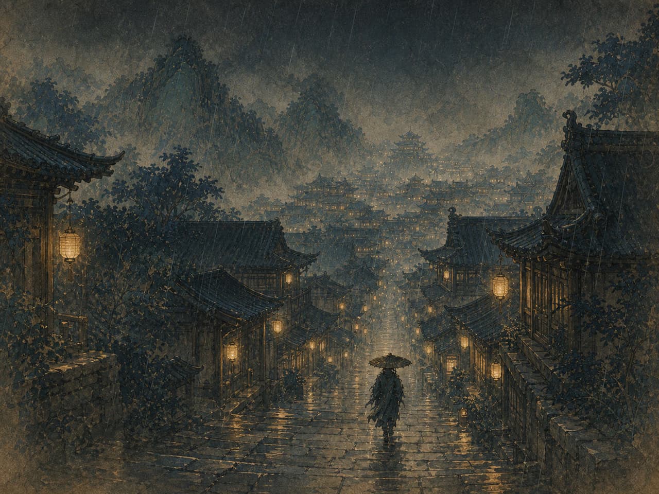 夜雨中的古城屋檐与远处灯火
