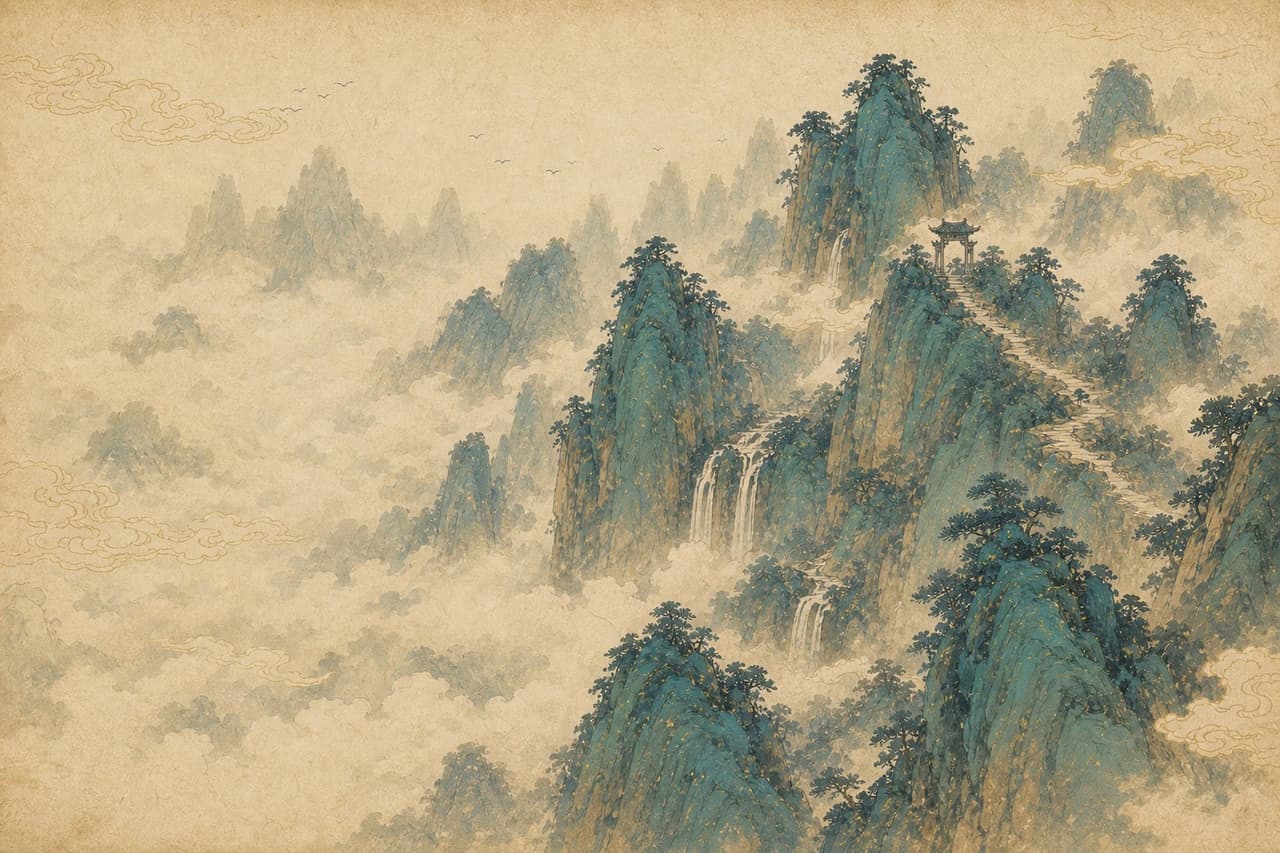 薄雾笼罩的幽深山谷
