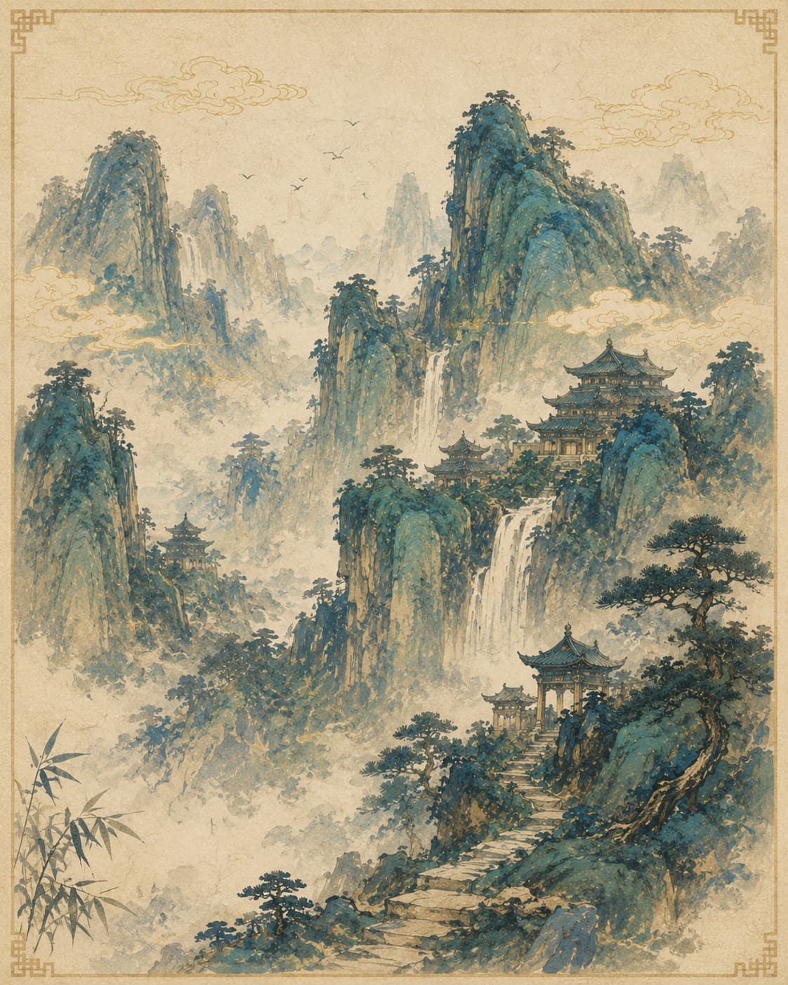 瀑布与楼阁散布在青绿群峰之间