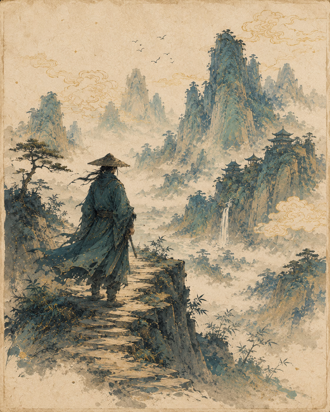 斗笠旅人站在山崖前远望层叠群峰