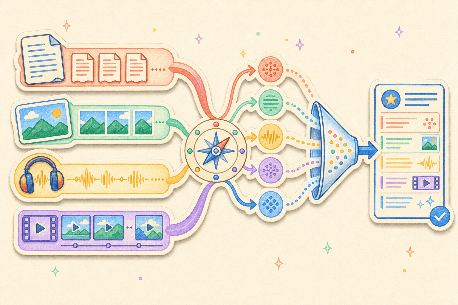 Four modality-specific paths routed through retrieval and fusion into one cited answer