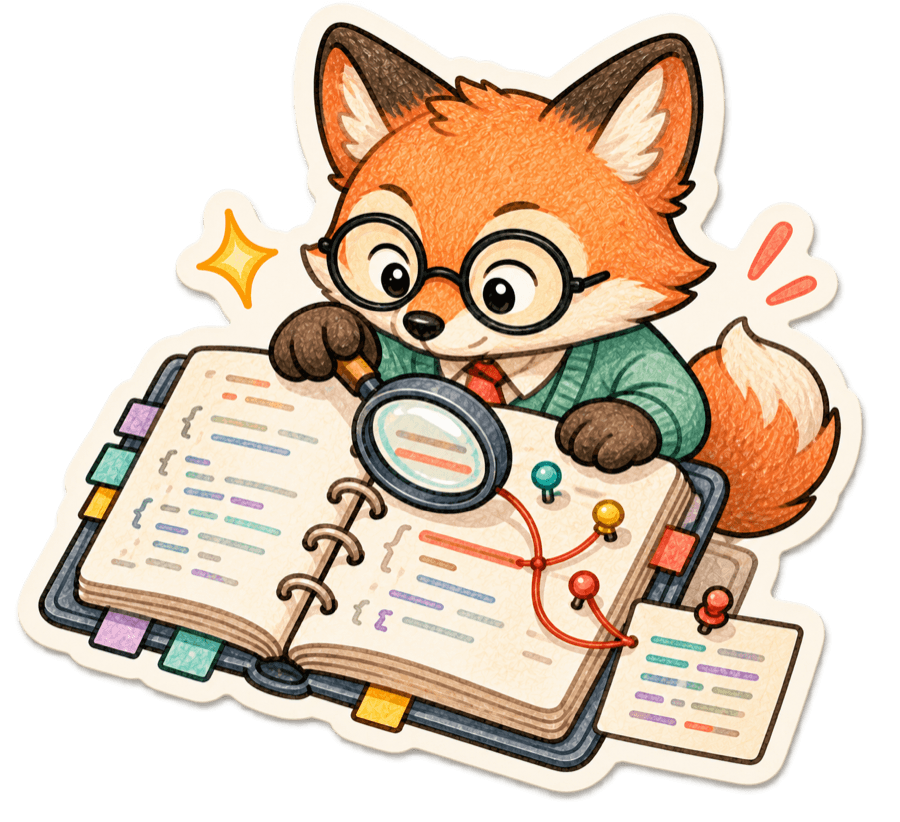 Hand-drawn fox archivist examining an annotated prompt binder