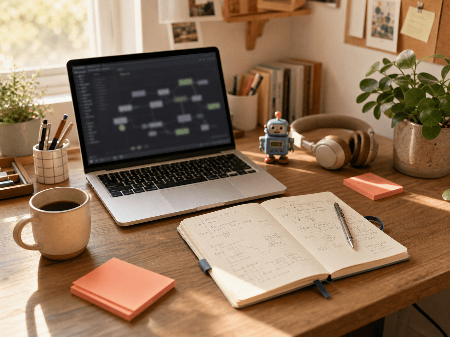 Creative desk with a computer, notes, coffee, and a small robot